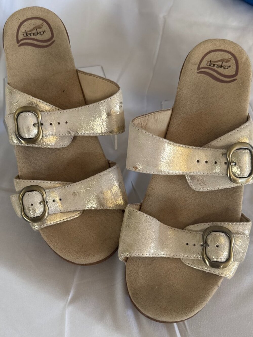 Dansko Sophie Metallic Leather Buckle Wedge Slide Sandals Cream Womens 39 8.5-9